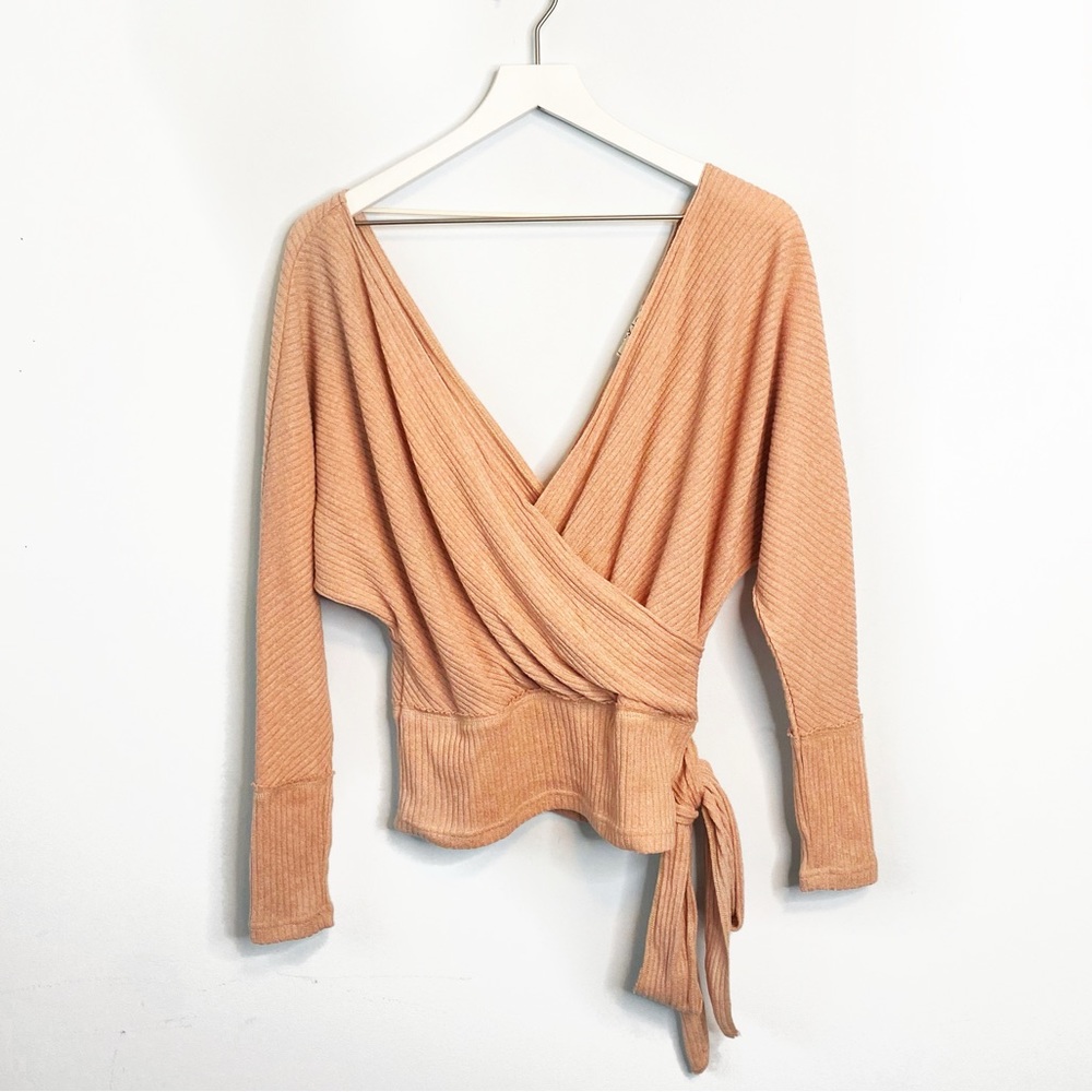 Style Rack Wrap Pink Ribbed Knit Wrap Surplice Tie Off Shoulder Sweater